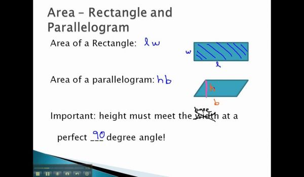 Présentation des règles pour trouver l'aire d'un rectangle et un parallélogramme.